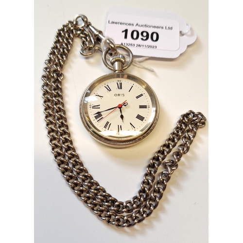 1090 - Oris silver plated fob watch on a silver plated Albert chain