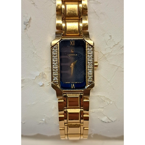 1092 - Ladies Lassale, gold plated wristwatch with bracelet strap set diamonds to the bezel, in original bo... 