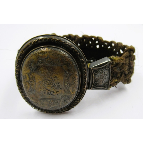 1096 - Victorian silver and woven hair mourning brooch with oval mounted locket