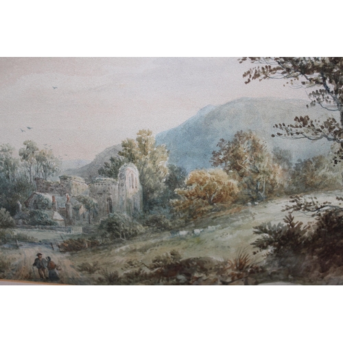 1172 - 19th Century English school, watercolour, figures in a landscape before ruins, unsigned, 27 x 49cm, ... 