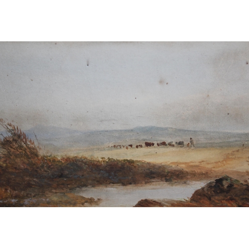 1176 - William Widgery, watercolour, moorland landscape with figures and cattle, signed, 15 x 48cm, gilt fr... 