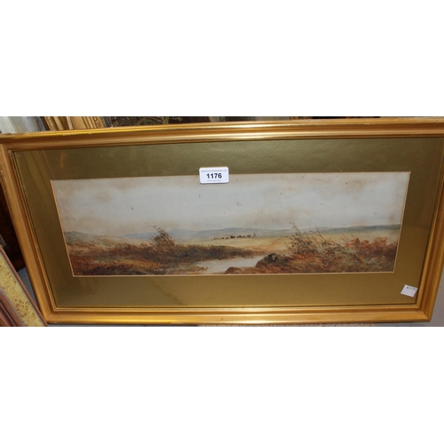 1176 - William Widgery, watercolour, moorland landscape with figures and cattle, signed, 15 x 48cm, gilt fr... 