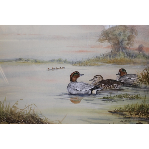 1177 - Ian Bowles, watercolour, wild fowl on a lake at sunset, signed, 50 x 70cm, gilt framed