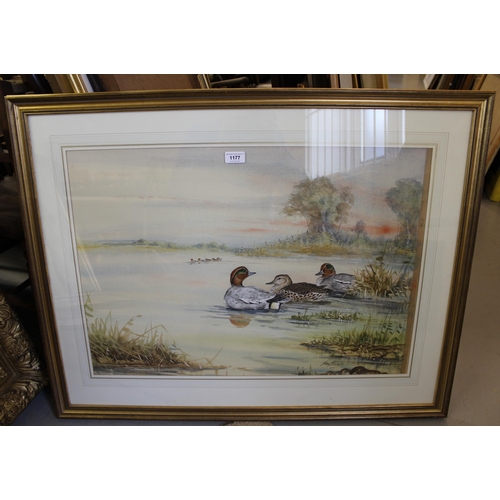 1177 - Ian Bowles, watercolour, wild fowl on a lake at sunset, signed, 50 x 70cm, gilt framed