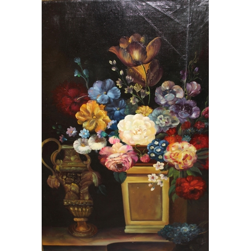 1190 - Oil on canvas, still life of flowers and a vase on a ledge, unframed, unsigned, 92 x 62cm