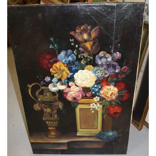 1190 - Oil on canvas, still life of flowers and a vase on a ledge, unframed, unsigned, 92 x 62cm