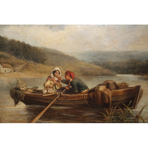 1192 - James Cole 19th Century, oil on canvas laid onto board, ' The Ferry ' with figures and belongings in... 