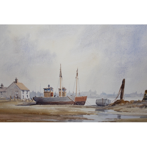 1193 - David Short watercolour coastal estuary scene with beached fishing vessels, signed, framed, 35 x 50c... 