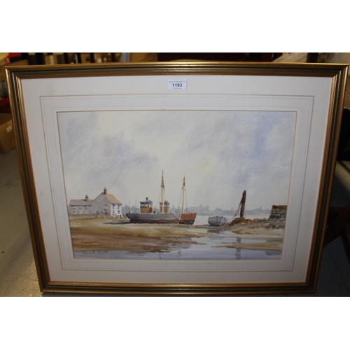 1193 - David Short watercolour coastal estuary scene with beached fishing vessels, signed, framed, 35 x 50c... 