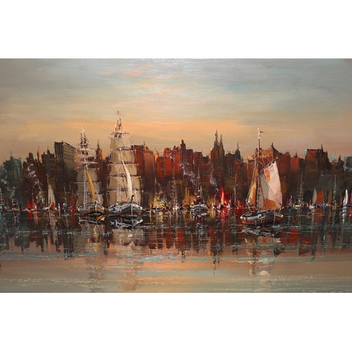 1194 - Oil on canvas, various shipping before a city skyline, indistinctly signed, gilt framed, 49 x 100cm