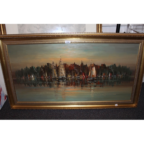 1194 - Oil on canvas, various shipping before a city skyline, indistinctly signed, gilt framed, 49 x 100cm