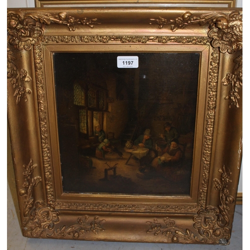 1197 - 19th Century gilt picture frame containing a Continental coloured print mounted on board, 30 x 27cm