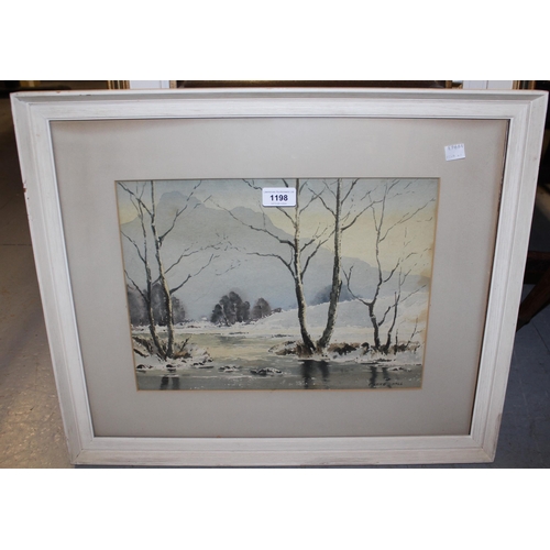 1198 - E. Grieg Hall watercolour ' Winter on White Moss ' landscape, 27 x 37cm