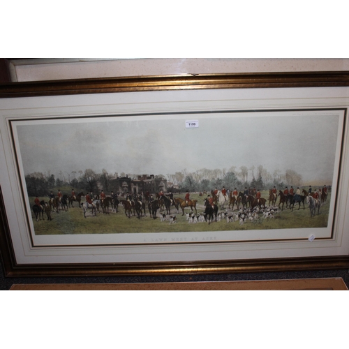 1199 - Coloured print ' A lawn meet at Aske ' in a gilt frame, 40 x 100cm, together with a large black and ... 