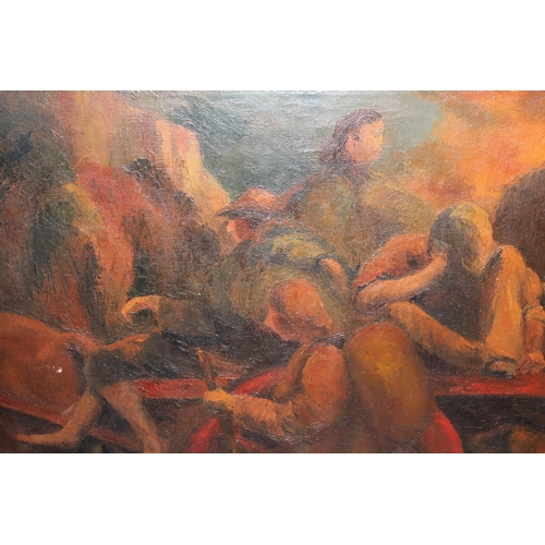 1202 - Oil on canvas, group of figures in a sunset, bearing inscription verso ' Edward Burra ', 50 x 76cm, ... 