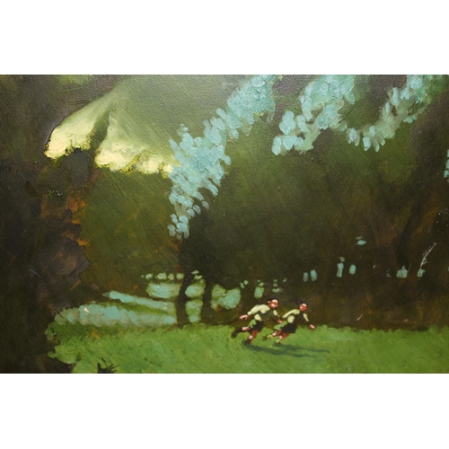 1204 - In the manner of Ruskin Spear, oil on canvas board, landscape with two children running from an appr... 