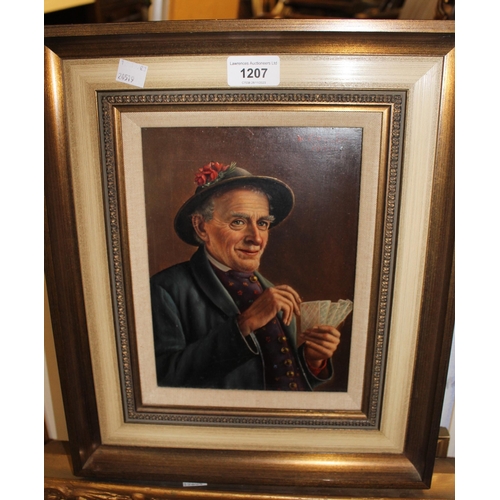 1207 - W. Roessler Continental oil on board, study of a gentleman in hat playing cards, signed, framed, 23 ... 