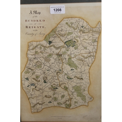 1208 - Antique map of the hundred of Reigate, Surrey, 35 x 25cm, together with three other framed coloured ... 