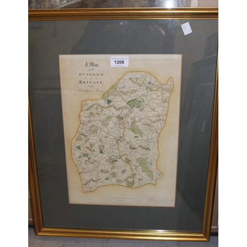 1208 - Antique map of the hundred of Reigate, Surrey, 35 x 25cm, together with three other framed coloured ... 