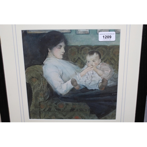 1209 - Watercolour study mother and child seated on a sofa, signed with monogram, 23cm square, framed