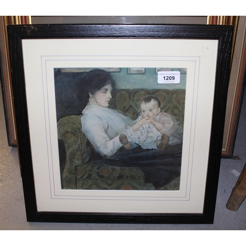 1209 - Watercolour study mother and child seated on a sofa, signed with monogram, 23cm square, framed