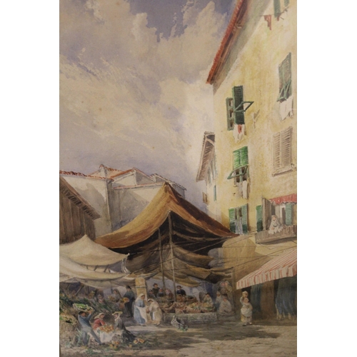 1211 - Emma S. Oliver, watercolour, market scene in the Old Town, Nice, signed and dated 1875, 41 x 21cm, g... 