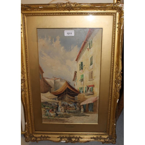 1211 - Emma S. Oliver, watercolour, market scene in the Old Town, Nice, signed and dated 1875, 41 x 21cm, g... 