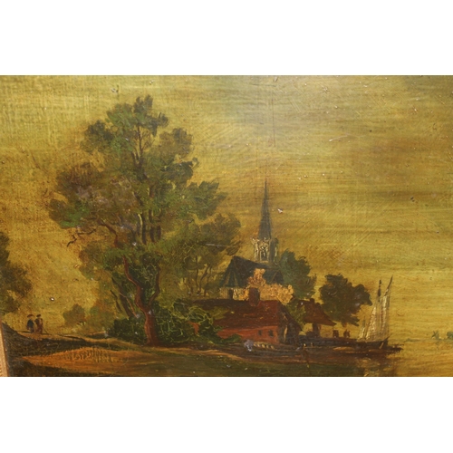 1216 - 1970's Oil on board, lake scene with church, 25 x 30cm, gilt framed