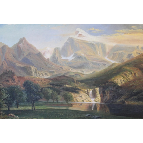 1217 - Large Australian oil on canvas, view of waterfall with distant mountains, unsigned, gilt framed, 90 ... 