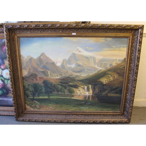 1217 - Large Australian oil on canvas, view of waterfall with distant mountains, unsigned, gilt framed, 90 ... 