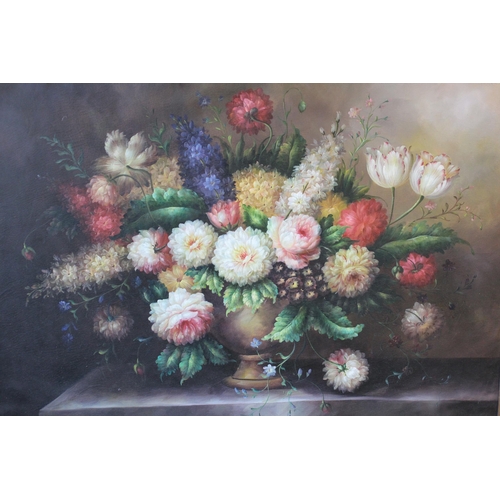 1218 - 20th Century oil on canvas, still life of vase of flowers on a ledge, gilt framed, 90 x 120cm