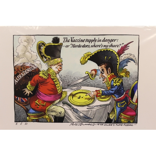 1219 - Peter Brookes signed coloured print of a caricature publication, unframed, together with a quantity ... 