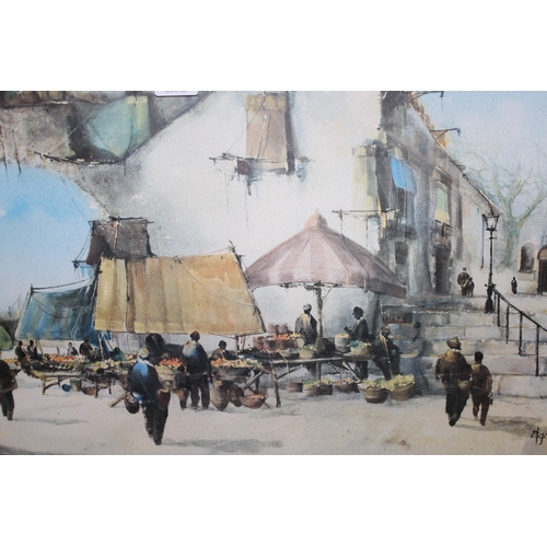 1223 - Jorge Aguilar-Agon, signed colour print, Continental market scene, 40 x 81cm, gilt framed together w... 