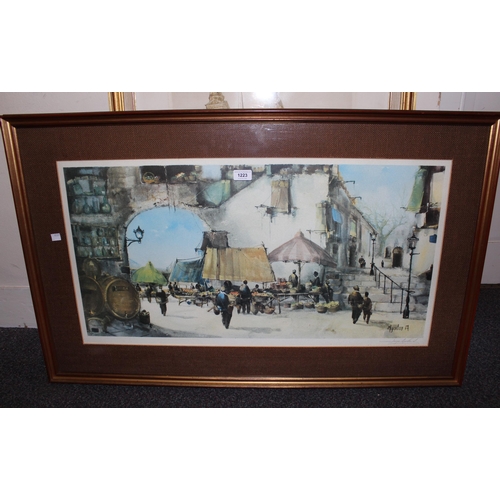 1223 - Jorge Aguilar-Agon, signed colour print, Continental market scene, 40 x 81cm, gilt framed together w... 