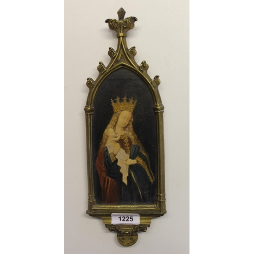 1225 - 19th Century Gothic style gilt brass miniature frame housing a printed portrait of the Madonna and c... 