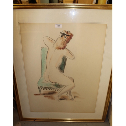 1226 - Large 20th Century watercolour sketch, female nude study, indistinctly signed, 63 x 48cm, gilt frame... 