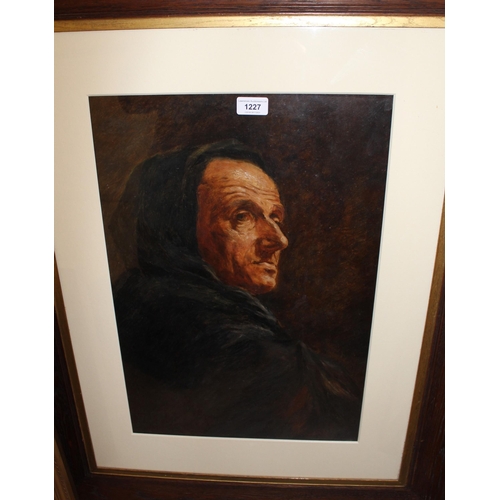 1227 - Oil on board, head and shoulder portrait of a monk, unsigned, 54 x 37cm, oak framed