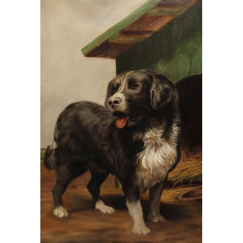 1230 - Late 19th / early 20th Century oil on canvas, portrait of a dog standing before a kennel in a coasta... 