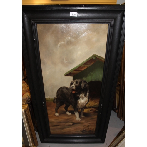 1230 - Late 19th / early 20th Century oil on canvas, portrait of a dog standing before a kennel in a coasta... 