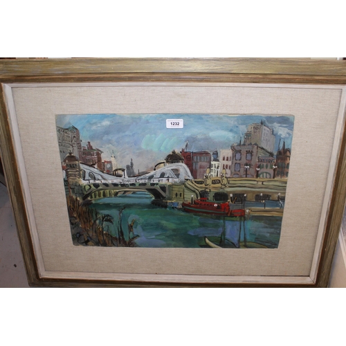 1232 - Mixed media on paper, city river scene, signed Bernice (inscribed verso Bernice Rubane) and dated 4/... 