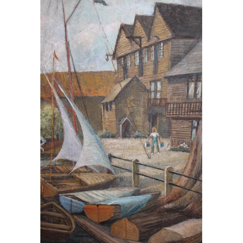 1233 - Patricia Tucker, oil on board, figures and boats at a quayside, signed, 75 x 60cm, framed together w... 