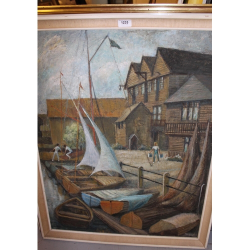 1233 - Patricia Tucker, oil on board, figures and boats at a quayside, signed, 75 x 60cm, framed together w... 