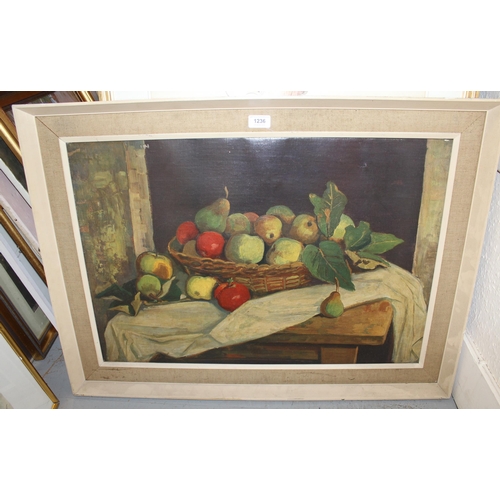 1236 - Mid 20th Century Continental school oil on canvas, still life of fruit, unsigned, 48 x 71cm, framed