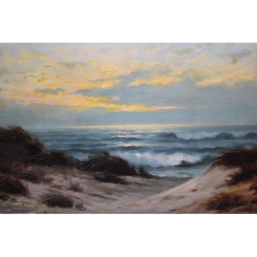 1237 - Nels Hegerup, oil on board, sunset coastal scene with sand dunes to the foreground, signed, 46 x 76c... 