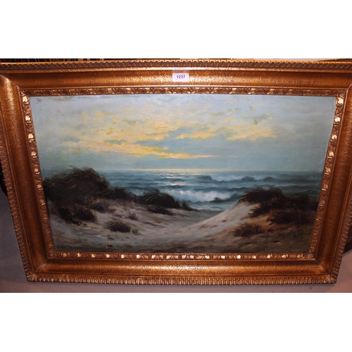 1237 - Nels Hegerup, oil on board, sunset coastal scene with sand dunes to the foreground, signed, 46 x 76c... 