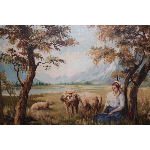 1238 - Dino Paravano, pair of oil paintings on board, woman with sheep in a landscape and landscape with di... 