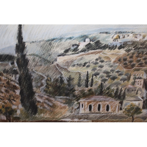 1239 - Pastel drawing, Continental landscape, indistinctly signed, 43 x 65cm approximately, framed, togethe... 