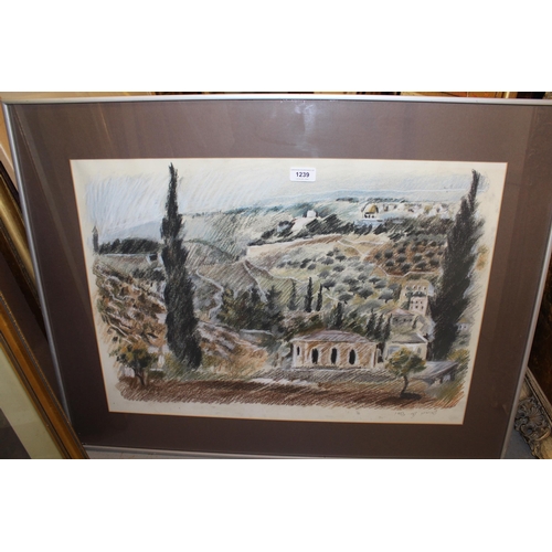 1239 - Pastel drawing, Continental landscape, indistinctly signed, 43 x 65cm approximately, framed, togethe... 