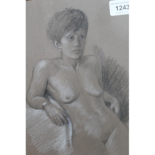 1243 - Pat Tucker, black and white chalk drawing, female nude ' Ruth ', 30 x 22cm, gilt framed, together wi... 