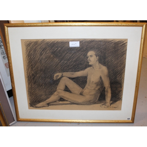 1243 - Pat Tucker, black and white chalk drawing, female nude ' Ruth ', 30 x 22cm, gilt framed, together wi... 